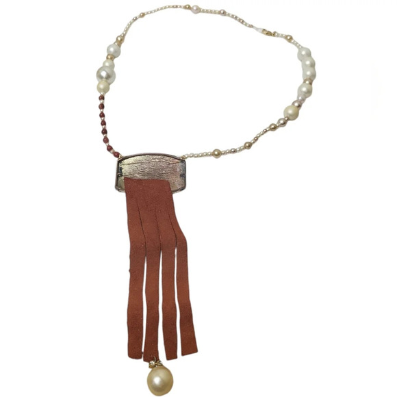 14K Gold Plated Faux Pearl Gradulate Orange Leather Fringe Mexico Stamp Necklace - Picture 3 of 4